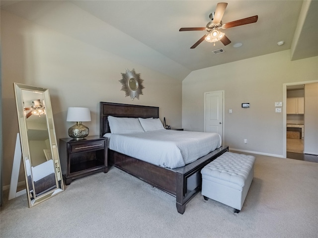 2560 Wild Oak Forest Ln, Seabrook, TX 77586 - bedroom with visible vents, baseboards, ceiling fan, light colored carpet, and lofted ceiling
