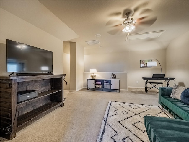 2560 Wild Oak Forest Ln, Seabrook, TX 77586 - living room with baseboards, ceiling fan, visible vents, and carpet