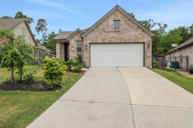 view of front facade featuring brick siding, fence, driveway, and a front lawn