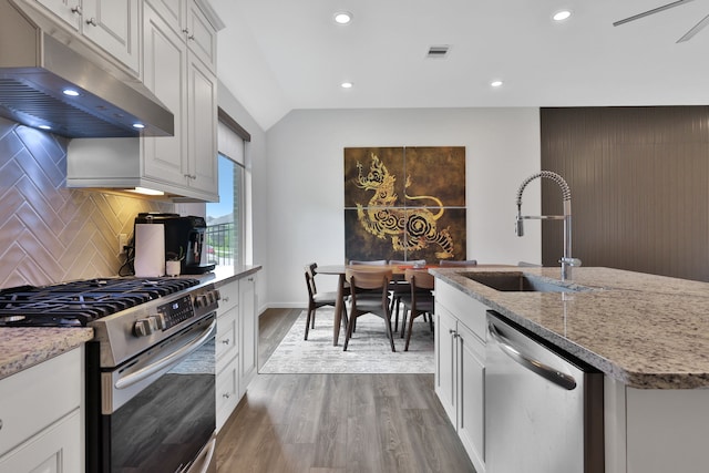 kitchen featuring appliances with stainless steel finishes, a sink, recessed lighting, tasteful backsplash, and under cabinet range hood