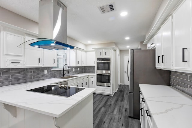 kitchen with a peninsula, a sink, visible vents, island range hood, and appliances with stainless steel finishes