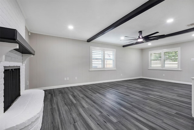 unfurnished living room with dark wood finished floors, baseboards, recessed lighting, a ceiling fan, and a fireplace