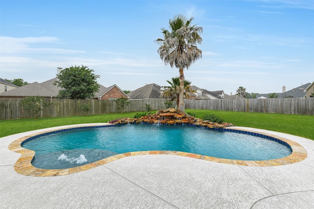 view of swimming pool featuring a fenced backyard, a patio, a fenced in pool, and a lawn