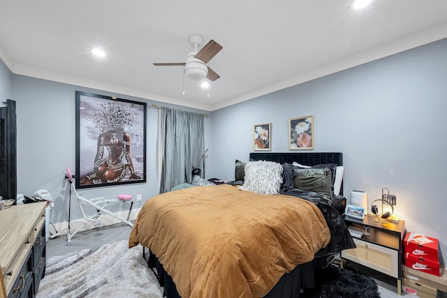 bedroom featuring recessed lighting, light wood-style floors, baseboards, and ceiling fan