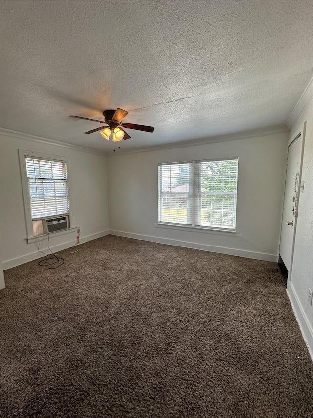 2711 Ruth St, Houston, TX 77004 - carpeted spare room featuring crown molding, a textured ceiling, cooling unit, ceiling fan, and baseboards