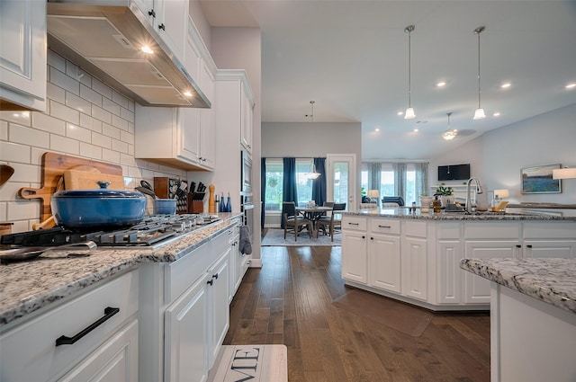 kitchen featuring tasteful backsplash, dark wood finished floors, white cabinets, open floor plan, and under cabinet range hood