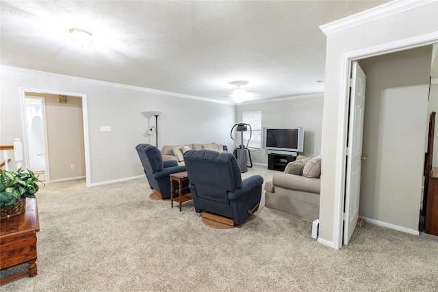 living room with crown molding, baseboards, and light colored carpet