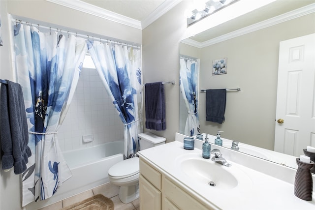 full bathroom featuring crown molding, shower / bath combo, vanity, toilet, and tile patterned floors