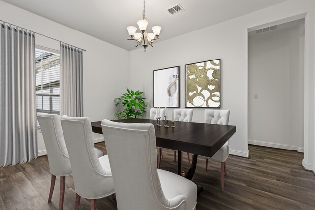 40805 Iver Ln, Magnolia, TX 77354 - dining room with dark wood-style floors, visible vents, and a chandelier