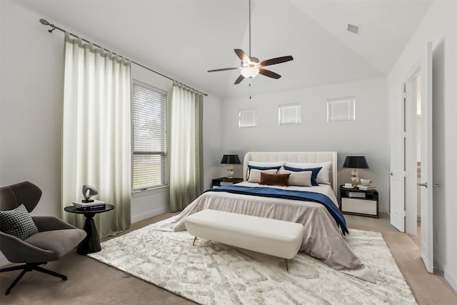 40805 Iver Ln, Magnolia, TX 77354 - bedroom featuring visible vents, ceiling fan, lofted ceiling, and baseboards