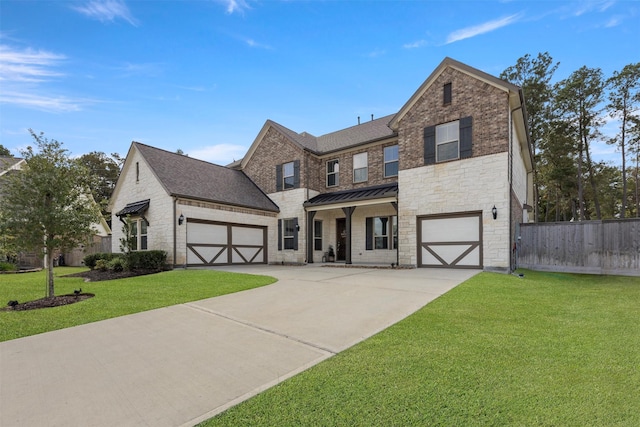 40805 Iver Ln, Magnolia, TX 77354 - traditional-style home featuring fence, a shingled roof, driveway, stone siding, and a front yard