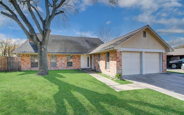 11307 Birdwing Ln, Houston, TX 77067 - ranch-style house featuring fence, concrete driveway, brick siding, a front yard, and a garage