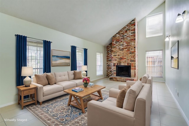 11307 Birdwing Ln, Houston, TX 77067 - tiled living area with high vaulted ceiling, baseboards, a healthy amount of sunlight, and a brick fireplace