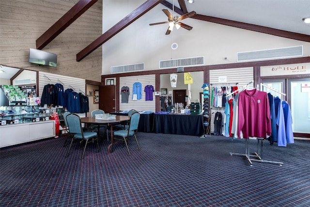 interior space featuring high vaulted ceiling, ceiling fan, carpet floors, beam ceiling, and visible vents