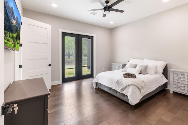 bedroom featuring french doors, access to exterior, dark wood-type flooring, and recessed lighting