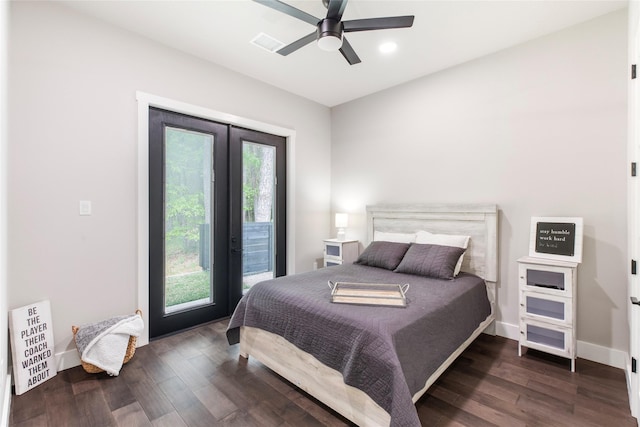 bedroom with baseboards, dark wood-style flooring, access to outside, and visible vents