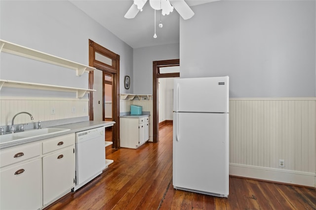 1003 Sealy St, Galveston, TX 77550 - kitchen featuring white appliances, a sink, ceiling fan, white cabinets, and open shelves