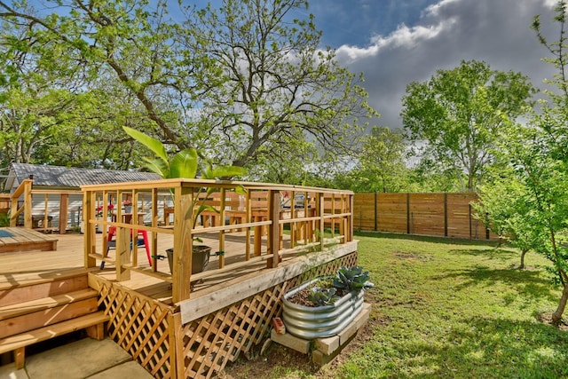 deck with a yard and a fenced backyard