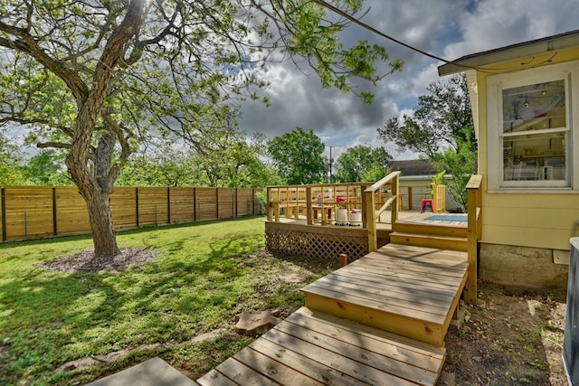 view of yard featuring a wooden deck and a fenced backyard