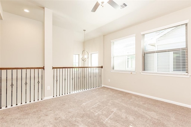 5546 Sallow Bay Ln, Fulshear, TX 77441 - unfurnished room featuring recessed lighting, carpet, visible vents, baseboards, and ceiling fan with notable chandelier