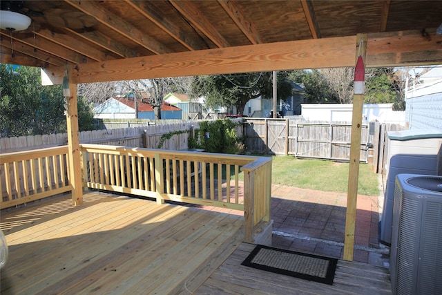 wooden deck with a fenced backyard and central air condition unit