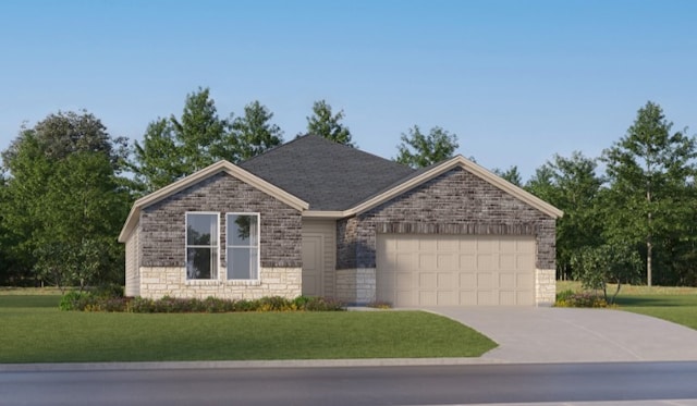 ranch-style home with concrete driveway, an attached garage, stone siding, and a front lawn
