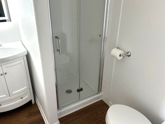 full bathroom featuring vanity, wood finished floors, toilet, and a shower stall