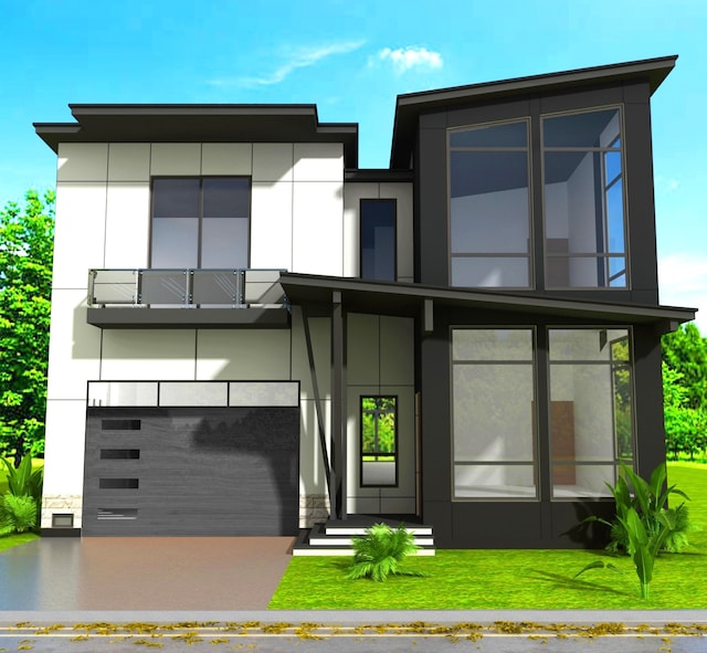 view of front of property with stucco siding, a garage, a balcony, and a front yard