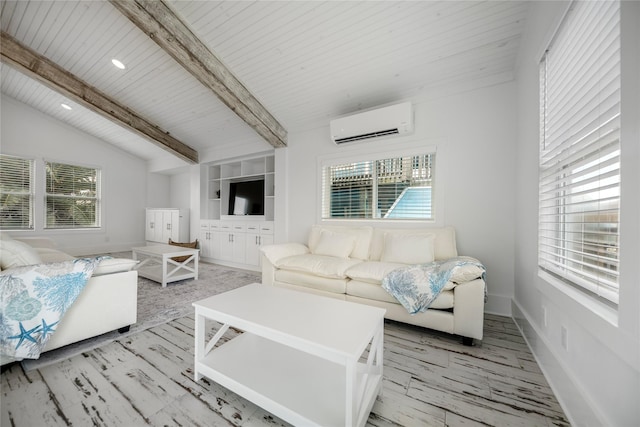 living area with a wall mounted AC, lofted ceiling with beams, light wood-style flooring, baseboards, and wood ceiling