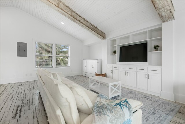 living area featuring vaulted ceiling with beams, wood ceiling, electric panel, light wood finished floors, and baseboards