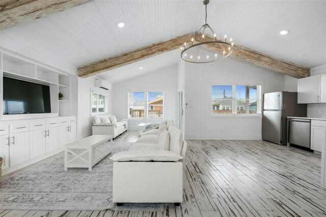 living room with light wood finished floors, recessed lighting, an inviting chandelier, vaulted ceiling with beams, and baseboards