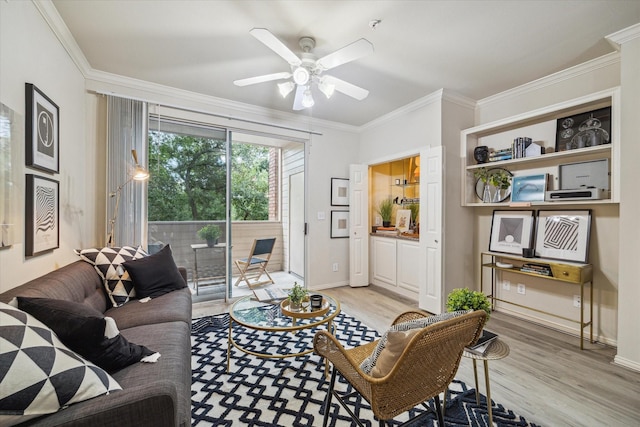 2111 Welch St Unit A219, Houston, TX 77019 - living room with light wood-style floors, crown molding, baseboards, and a ceiling fan