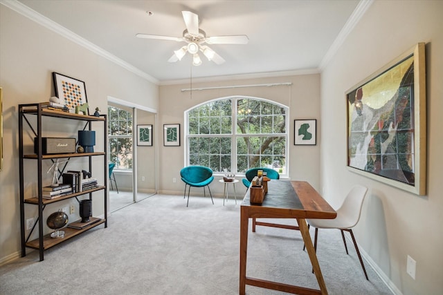2111 Welch St Unit A219, Houston, TX 77019 - carpeted home office featuring ceiling fan, baseboards, and ornamental molding