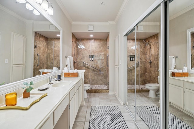 2111 Welch St Unit A219, Houston, TX 77019 - bathroom featuring a stall shower, vanity, ornamental molding, and toilet