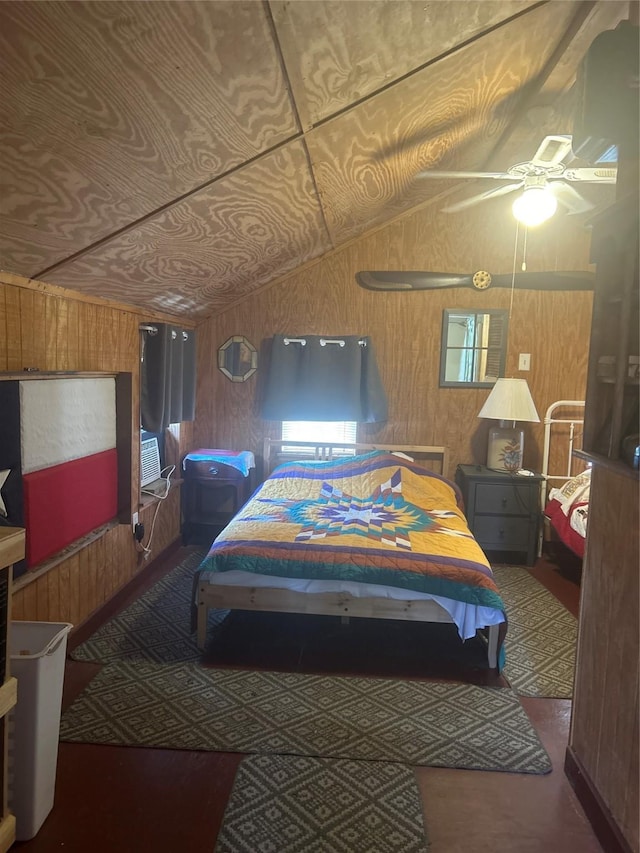 381 Lakeshore Dr, Cleveland, TX 77327 - bedroom featuring a ceiling fan, wood walls, and vaulted ceiling