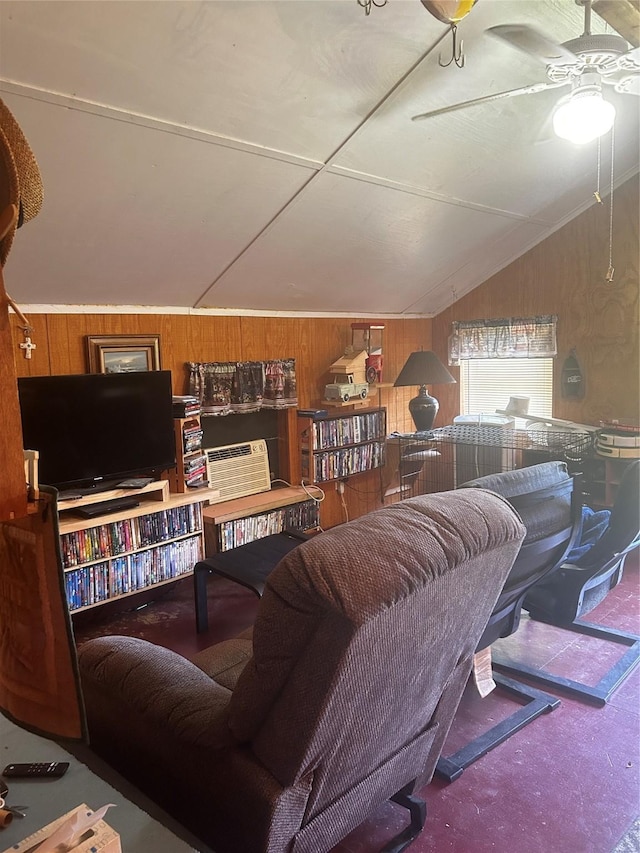 381 Lakeshore Dr, Cleveland, TX 77327 - living room featuring ceiling fan, wood walls, and vaulted ceiling