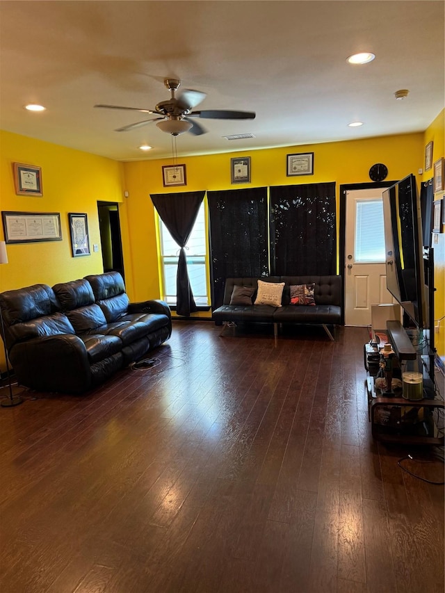 4212 Knoxville St, Houston, TX 77051 - living room with hardwood / wood-style floors, plenty of natural light, a ceiling fan, and visible vents
