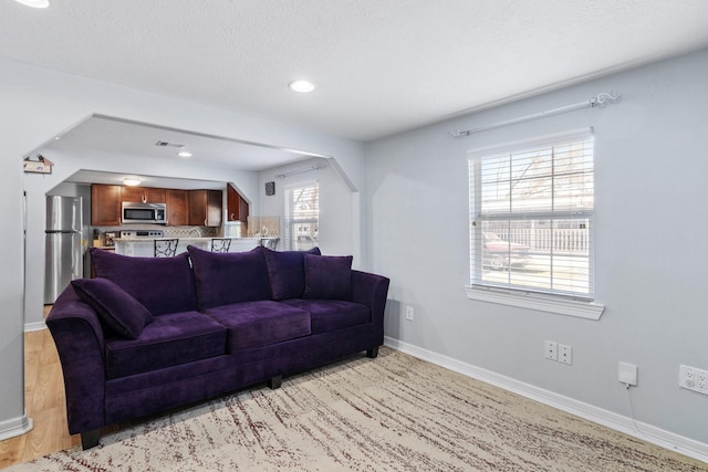 living area featuring baseboards and recessed lighting