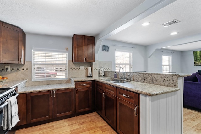 kitchen with a peninsula, a sink, visible vents, and light wood-style floors