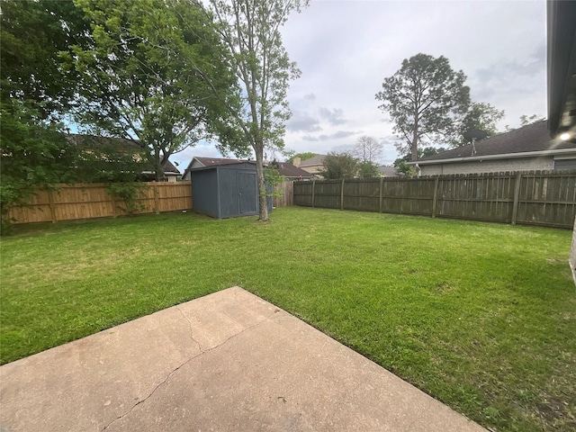 view of yard featuring a fenced backyard, an outbuilding, a patio area, and a storage unit