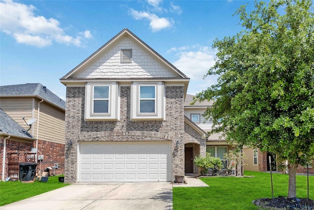 view of front of house featuring brick siding, driveway, a garage, and a front yard