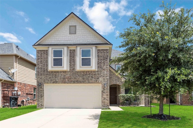 9939 Chimney Swift Ln, Conroe, TX 77385 - view of front facade featuring brick siding, an attached garage, concrete driveway, and a front yard