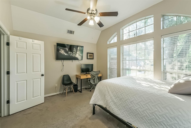 bedroom featuring vaulted ceiling, visible vents, a ceiling fan, carpet floors, and baseboards