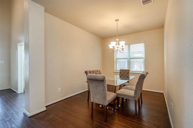 dining area with visible vents, baseboards, a chandelier, and dark wood-type flooring