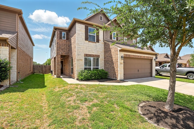 view of front of house with brick siding, a front lawn, concrete driveway, and fence