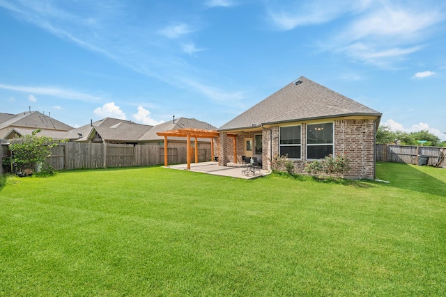 back of property featuring a fenced backyard, a pergola, brick siding, a patio area, and a yard