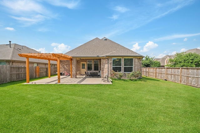 back of property featuring a pergola, a fenced backyard, a yard, a patio, and brick siding