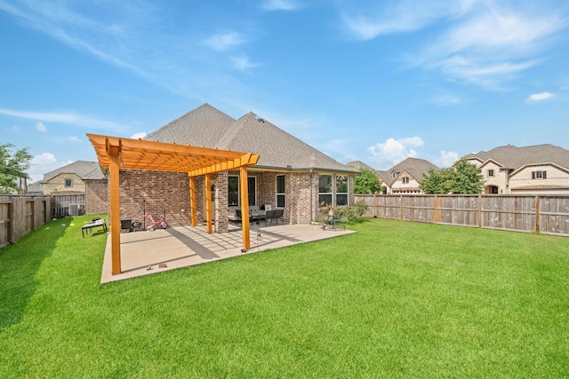 back of house featuring a pergola, a fenced backyard, a yard, a patio area, and brick siding