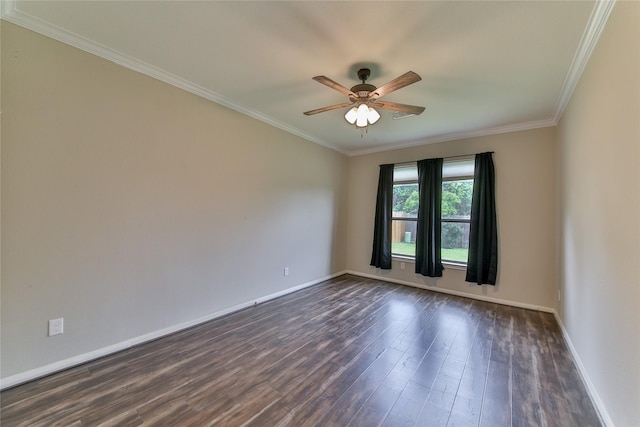 empty room with ceiling fan, baseboards, crown molding, and dark wood-type flooring