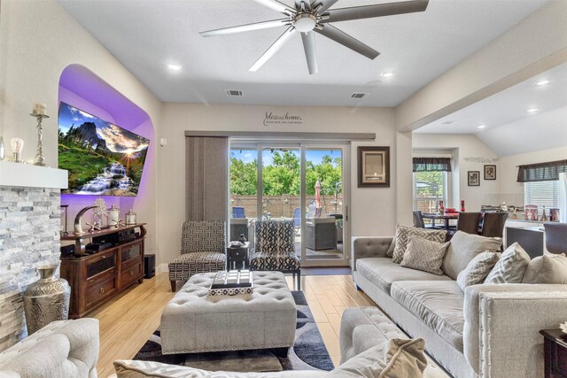 7407 Tudor Heights Ln, Spring, TX 77379 - living room featuring a ceiling fan, wood finished floors, and recessed lighting